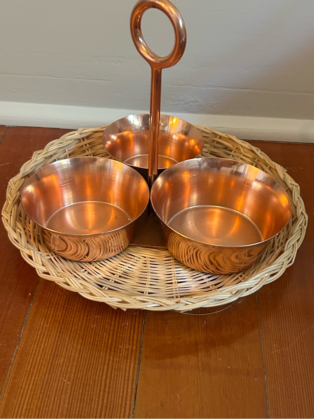 Vintage Copper 3-Bowl Serving Caddy | Mid-Century Copper snack tray